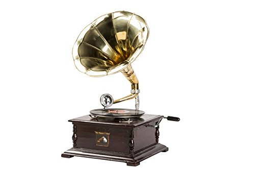 Gramophone avec pavillon en laiton, reproduction de His Master's Voice, carré