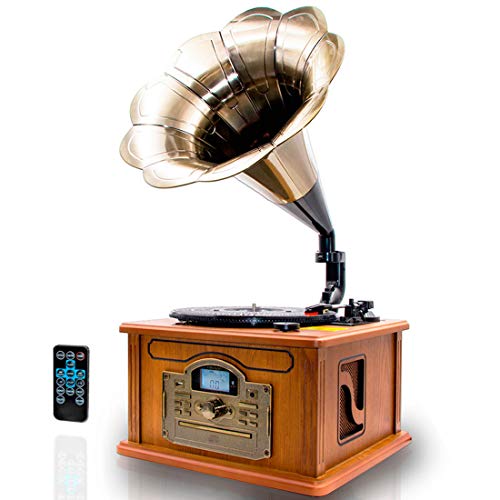 Lauson CL147 Gramophone Classique | Platine Vinyle bluetooth | Système de musique en bois Nostalgia | Système stéréo Tourne-Disque rétro | Radio rétro | Lecteur CD | MP3 avec USB (bois naturel)