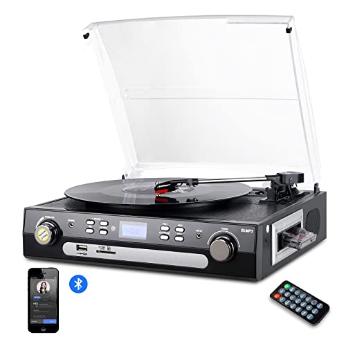 DIGITNOW! Tourne-Disque Bluetooth, Platine Vinyle 33/45/78 TR/Min avec Haut-parleurs intégrés, encodage du Vinyle au MP3, encodage SD/USB, Radio, Cassette, entrée auxiliaire